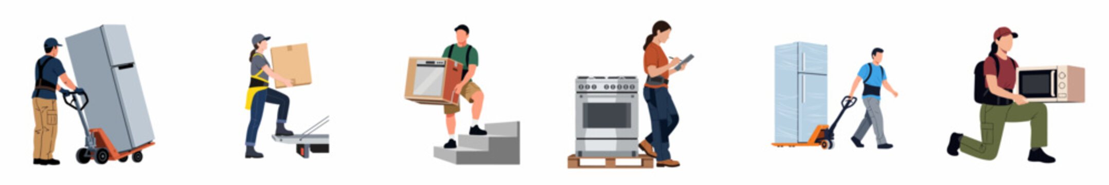 Set of illustrations showing professional movers and delivery workers transporting various home appliances like refrigerators, stoves, and microwaves.