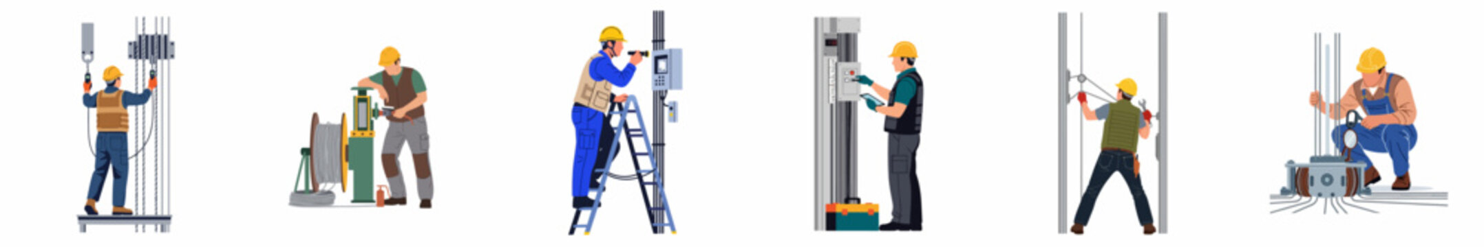 Set of technicians and engineers performing maintenance and installation of elevator systems and electrical equipment.