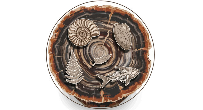 Petrified wood slice with fossils of ammonite fern shellfish fish skeleton leaf in retro cartoon style for education and paleontology themes