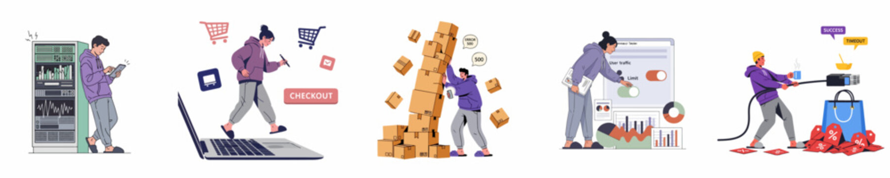 Flat vector illustrations depicting e-commerce technical challenges, server maintenance, website testing, error handling, and high-traffic shopping events management.