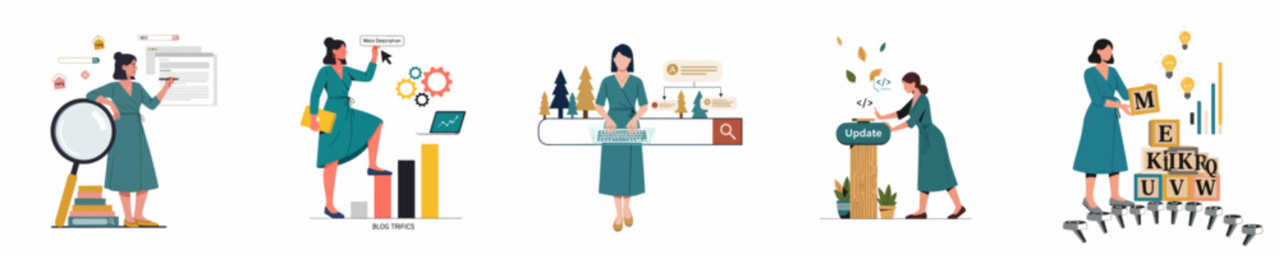 Set of flat vector illustrations depicting a woman professional managing various aspects of Search Engine Optimization, digital marketing, and content strategy.