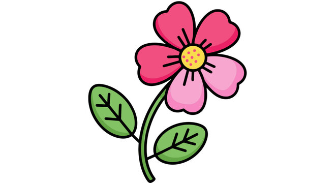 Pink flower vector illustration with green leaves on a white background; cheerful springtime floral design element in cartoon style