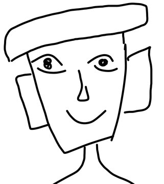 Minimalist Hand Drawn Doodle Sketch of a Smiling Character with Hat and Large Ears