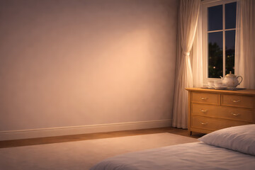 Fototapeta premium Cozy bedroom at night with warm lamp light and wide copy space for lifestyle banner design (AI generated)｜夜のあたたかな寝室と広い余白のあるライフスタイル向け背景素材（生成AI）