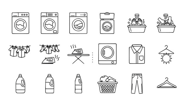 Set of laundry and housework featuring washing machines, clothes, and ironing tools