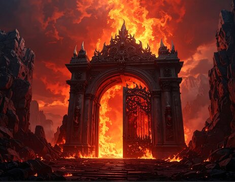 Hell Gate Entrance Fiery Archway Epic Fantasy Landscape.