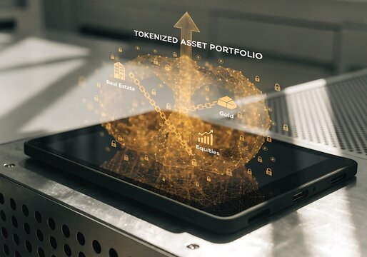 Digital hologram showing a tokenized asset portfolio on a tablet, representing blockchain technology and investment growth