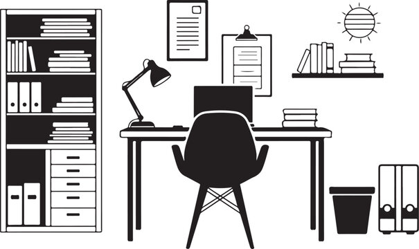 Black and white office workspace with desk chair 1 computer