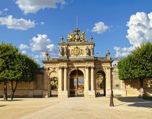 Obraz premium A majestic stone archway with ornate gold decorations under a blue sky
