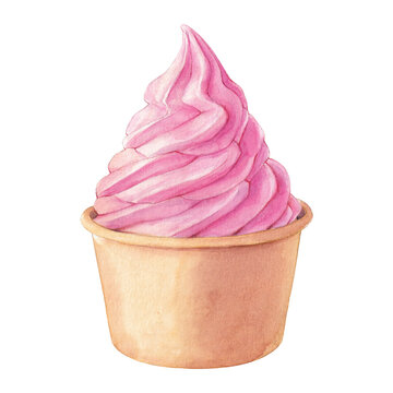 Watercolor pink ice soft serve cream in paper cup, berry summer dessert