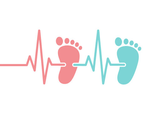 Minimalist Baby Heartbeat Pulse Line with Pink and Blue Footprints for Boy and Girl Twins, Gender Reveal or Pregnancy Concept