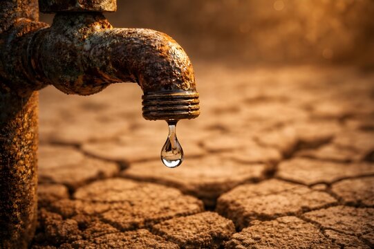 Conceptual image of a single water droplet dripping from a rusted tap over dry cracked earth