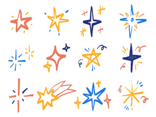 Obraz premium Colorful Hand Drawn Star Sparkle Set Cute Doodle Shine Burst Vector Collection