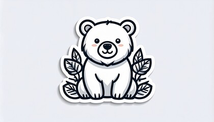 Fototapeta premium Charming vector sticker of a cute baby polar bear, sitting with green leaves, an illustration embodying the sweet innocence of arctic wildlife in a playful cartoon style