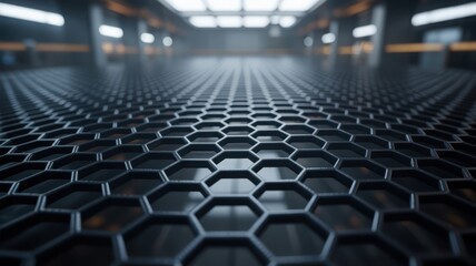 Naklejka premium A close-up view of a dark honeycomb patterned floor in a large industrial warehouse interior