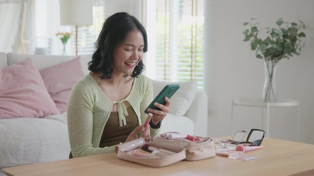 AI data driven advice skin care smart future scan list label tech. young asia people gen z girl happy smile enjoy using phone app help check guide verify cosmetic urban make-up shop store retail asian