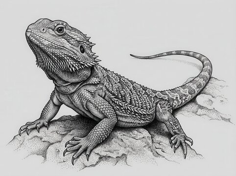 black and white drawing of a lizard on a rock