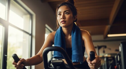 Fototapeta premium Exercise bike cardio workout at fitness gym.Asian women doing sport biking in the gym for fitness in the morning.Fitness,Gym ,healthy lifestyle concepts.