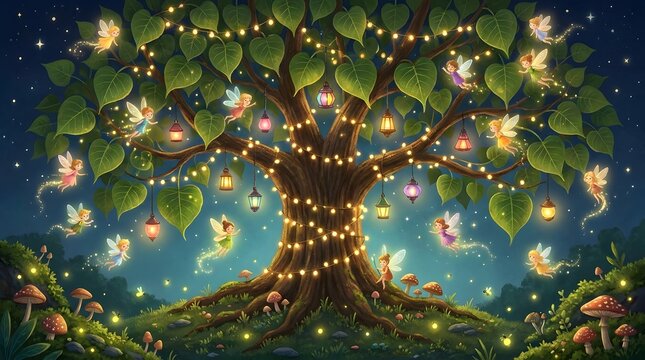 Enchanting Sacred Tree Illuminated with Sparkling Lanterns and Playful Fairies, Celebrating the Spirit of Vesak Day with Warm Glow and Spiritual Offerings