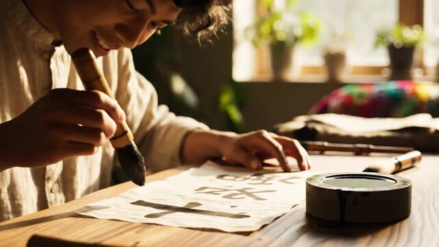 Person writes calligraphy with brush and ink indoors on paper