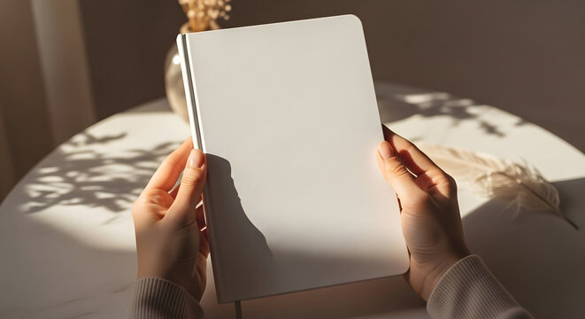 Soft morning light illuminates a person's hands gently holding a pristine blank notebook, inviting fresh ideas and personal reflections