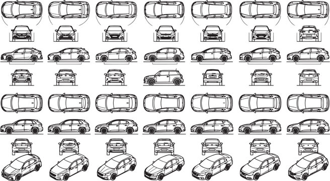 Detailed outline of a vehicle, highlighting various perspectives and aspects. This illustration showcases a car design from multiple angles.