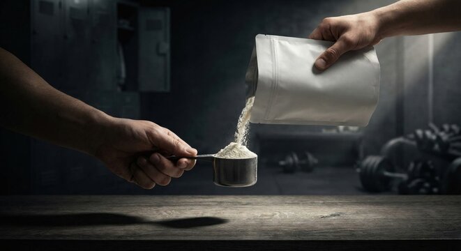Person pouring white protein powder from pouch into scoop