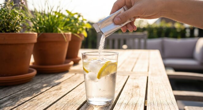 Hand pouring hydration powder into ice water with lemon