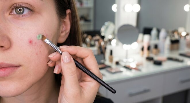 Applying green concealer to acne blemish in makeup studio