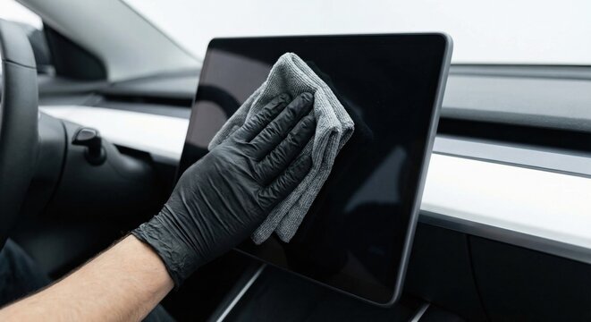 Cleaning car infotainment touchscreen with microfiber cloth