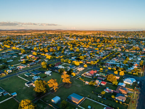 green trees and rooftops of rural town touched by last light of summer day in NSW Australia