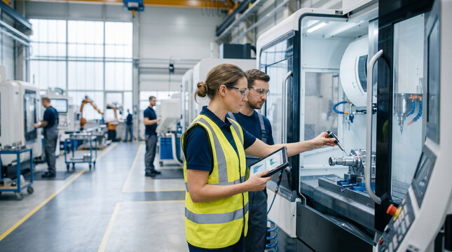 Professional Female Engineer and Male Colleague Using Digital Tablet to Inspect CNC Machine in a Modern Industrial Manufacturing Factory Facility