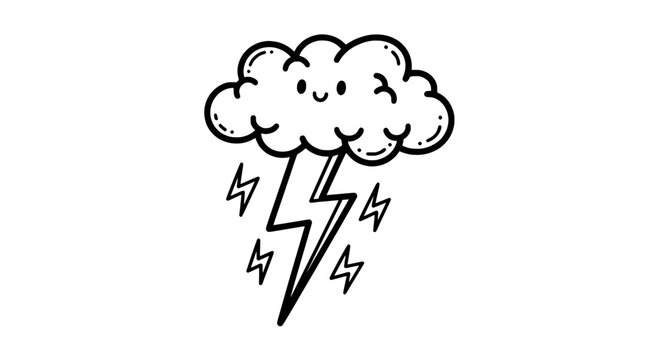 Cloud lightning doodle icon with cartoon storm lines and electricity flashes for weather forecast graphics