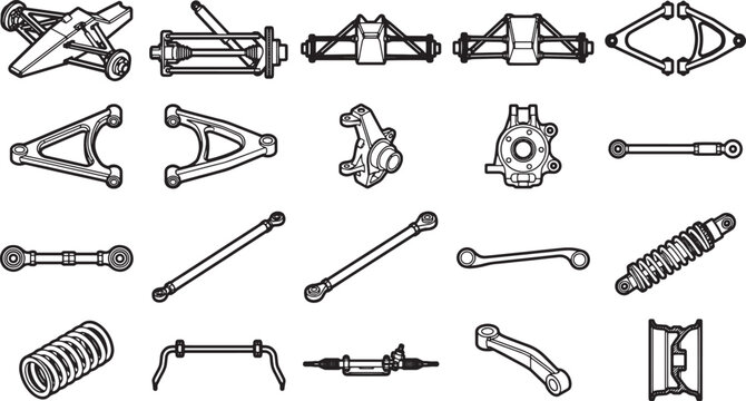 Car suspension system collection - detailed and technical monochrome illustration, representing an array of automobile suspension components in a clear, engineering style. 