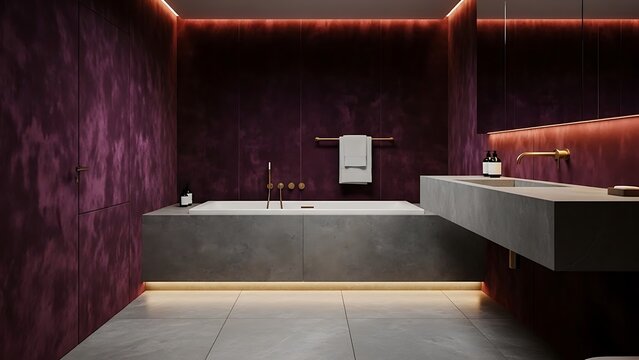 quiet luxury bathroom interior with plum velvet textured walls