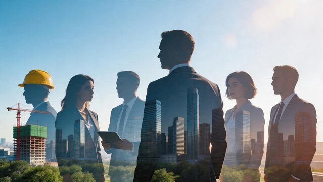 Business executives engineers in suits working on construction site urban development corporate team real estate investment city skyline background with crane and skyscraper