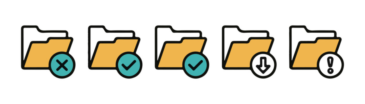 Variety of folder icons with different status symbols, depicting file operations and outcomes.