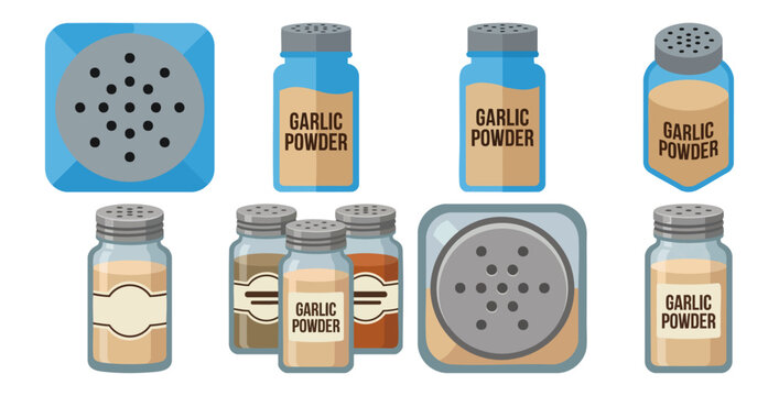 SEASONING SHAKER - Glass jar labeled garlic powder with a sifter  Flat Vector Illustration on Transparent Background