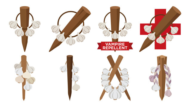 VAMPIRE REPELLENT - Garlic necklace draped over a wooden stake  Flat Vector Illustration on Transparent Background