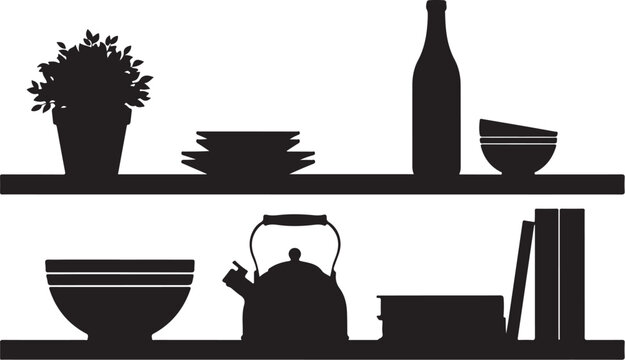 Black silhouette kitchen shelf with dishes and tea set books