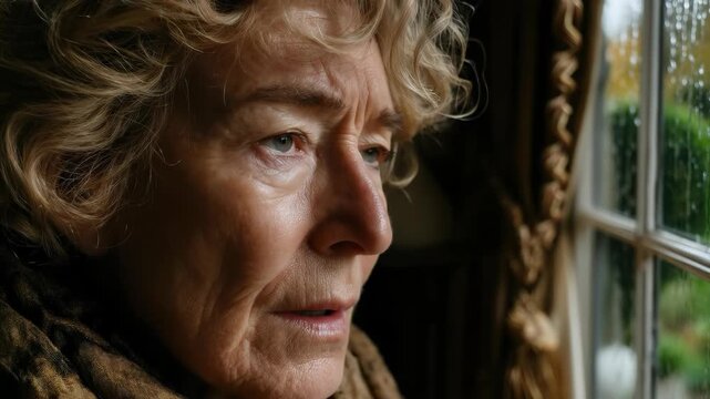 Elderly woman, deeply sad and isolated, gazes beyond wet windowpane, lost in introspection. Her melancholic countenance reveals profound despair; silent world, this rainy, quiet afternoon.
