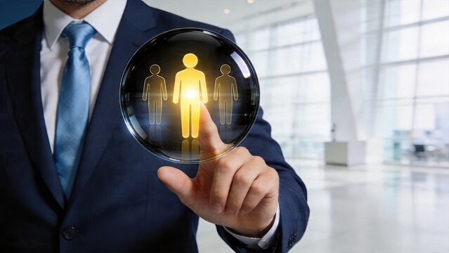 Businessman selecting managing human resources team in modern office digital interface interaction choosing candidates for recruitment process leadership and organizational