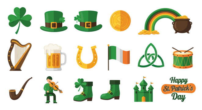 Saint Patrick's Day Symbols Collection: Shamrock, Hat, Gold, Rainbow, Harp, Beer, Horseshoe, Flag, Trinity Knot, Drum