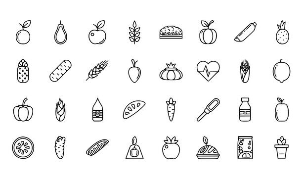 Healthy food and drink icons set with ice cream pie chart organic food vegetable pineapple strawberry heartbeat measuring nutrition wellness ingredients beverage