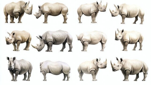 Multiple white rhinos in different poses on white background, arranged in a 4x3 grid.
