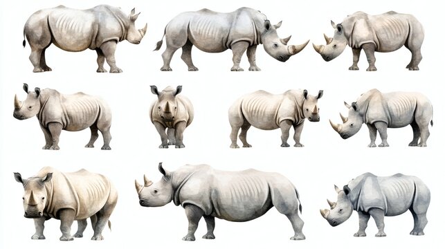 Multiple white rhinos in different poses on white background, arranged in a 4x3 grid.