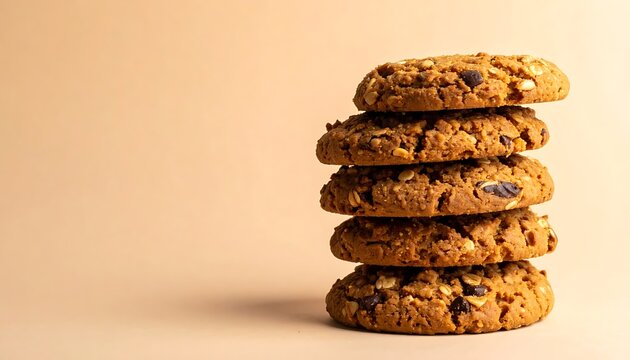 A stack of five cookies with raisins on a beige background