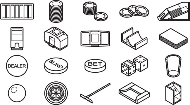 Arrangement of diverse casino objects arranged in a flat lay, offering a comprehensive glimpse into the world of gambling.