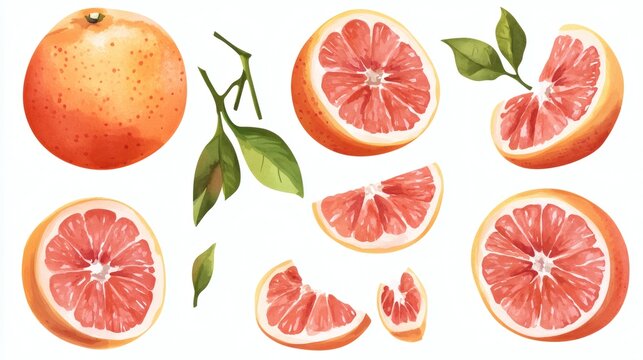 Watercolor illustrations of whole and sliced grapefruits with leaves on transparent background