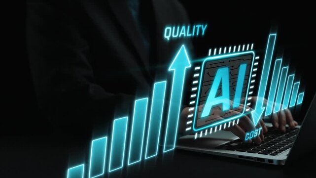 Businessman Using Laptop with Graphs Displaying Quality, Cost, and Artificial Intelligence Concepts in Dark Environment Sigmoid